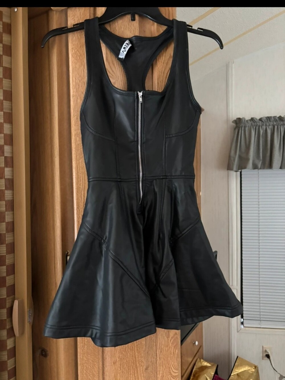 AKIRA Black Faux Leather Mini Dress with Front Zip